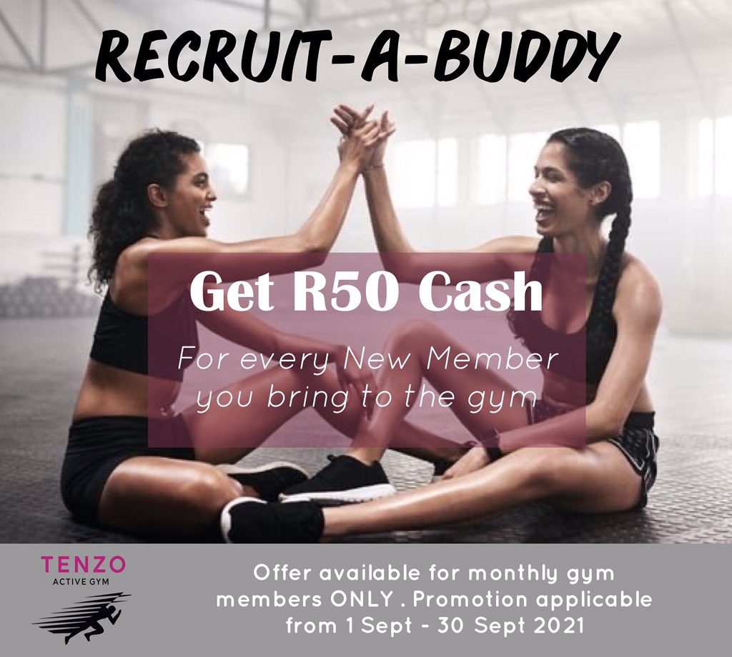 TenzoActiveGym's tweet photo. Friends that sweat together, stay together…Get R50 Cash for every new buddy you recruit 😉😉

T&amp;Cs: Offer limited to monthly gym members only.Promotion valid from 1 Sept - 30 Sept

#tenzoactivegym #gymintembisa #tembisa #gym #workout #fitness #fitnessmotivation #townshipeconomy https://t.co/BeqKQlPJhp