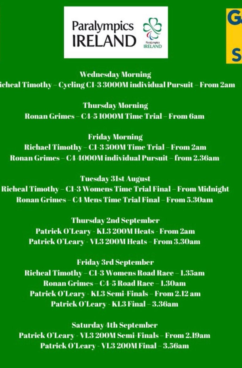 Best of luck to local legend Pat O’Leary @eentjebeen <a href="/ParalympicsIRE/">Paralympics Ireland</a> competing this week in the #Paralympics. (Schedule of Pat’s events in pic. ) 🇮🇪🇮🇪🇮🇪 #moycullen