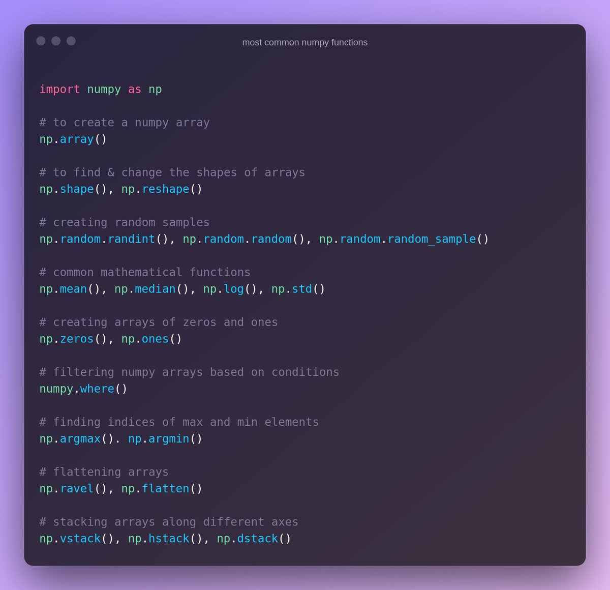 capeandcode's tweet image. 🔹Python | Numpy Functions🔹
Some of the most frequent NumPy functions that I use  during my everyday machine learning tasks: