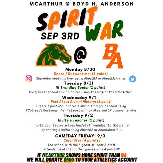 ba_cobra's tweet photo. Today kicks off our Spirit War vs McArthur! Each day we can earn a point leading up to the game Friday! Share the flyer with #beatba or #beatmcarthur If McArthur beats us in spirit we will donate $500!! https://t.co/kyX8KuCRRc
