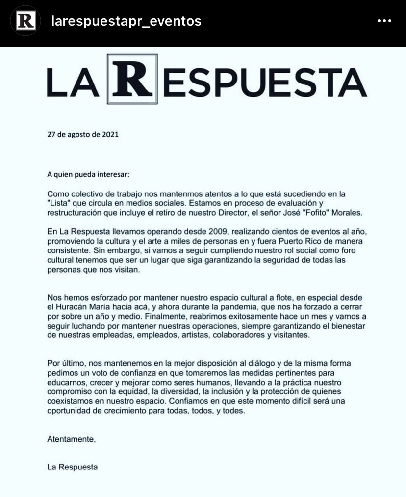 Carta publicada el 27 de agosto que indica que el colectivo de trabajo de la respuesta estaba "en proceso de evaluación y reestructuración que incluye el retiro de nuestro director, el señor José "fofito" Morales"