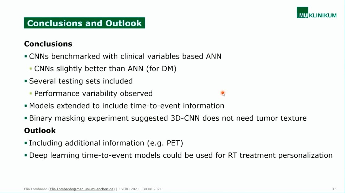 A real pleasure to chair the Outcome Modelling proffered papers session this morning. Some fascinating work presented, e.g. this study on #deeplearning for H&amp;N outcome prediction - which left me with more questions than answers (but in a good way! 😉)  #ESTRO2021
