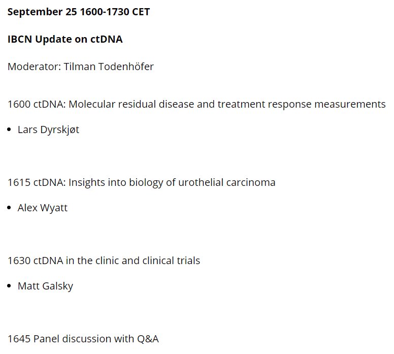 IBCN (@ibcn1997) on Twitter photo 📣We are excited to kick off our 2021 IBCN Update Series September 25,
1600-1730 CET ‘ctDNA and bladder cancer’ <a href="/ttodenhoefer/">Tilman Todenhöfer</a> <a href="/LDyrskjot/">Lars Dyrskjøt</a> <a href="/ResearchWyatt/">Alex Wyatt</a> <a href="/MattGalsky/">Matt Galsky</a>. Open for members➡️inquire below to join, get info, meeting links, and more! ibcnweb.net/upcoming-meeti… 📣We are excited to kick off our 2021 IBCN Update Series September 25,
1600-1730 CET ‘ctDNA and bladder cancer’ <a href="/ttodenhoefer/">Tilman Todenhöfer</a> <a href="/LDyrskjot/">Lars Dyrskjøt</a> <a href="/ResearchWyatt/">Alex Wyatt</a> <a href="/MattGalsky/">Matt Galsky</a>. Open for members➡️inquire below to join, get info, meeting links, and more! ibcnweb.net/upcoming-meeti…