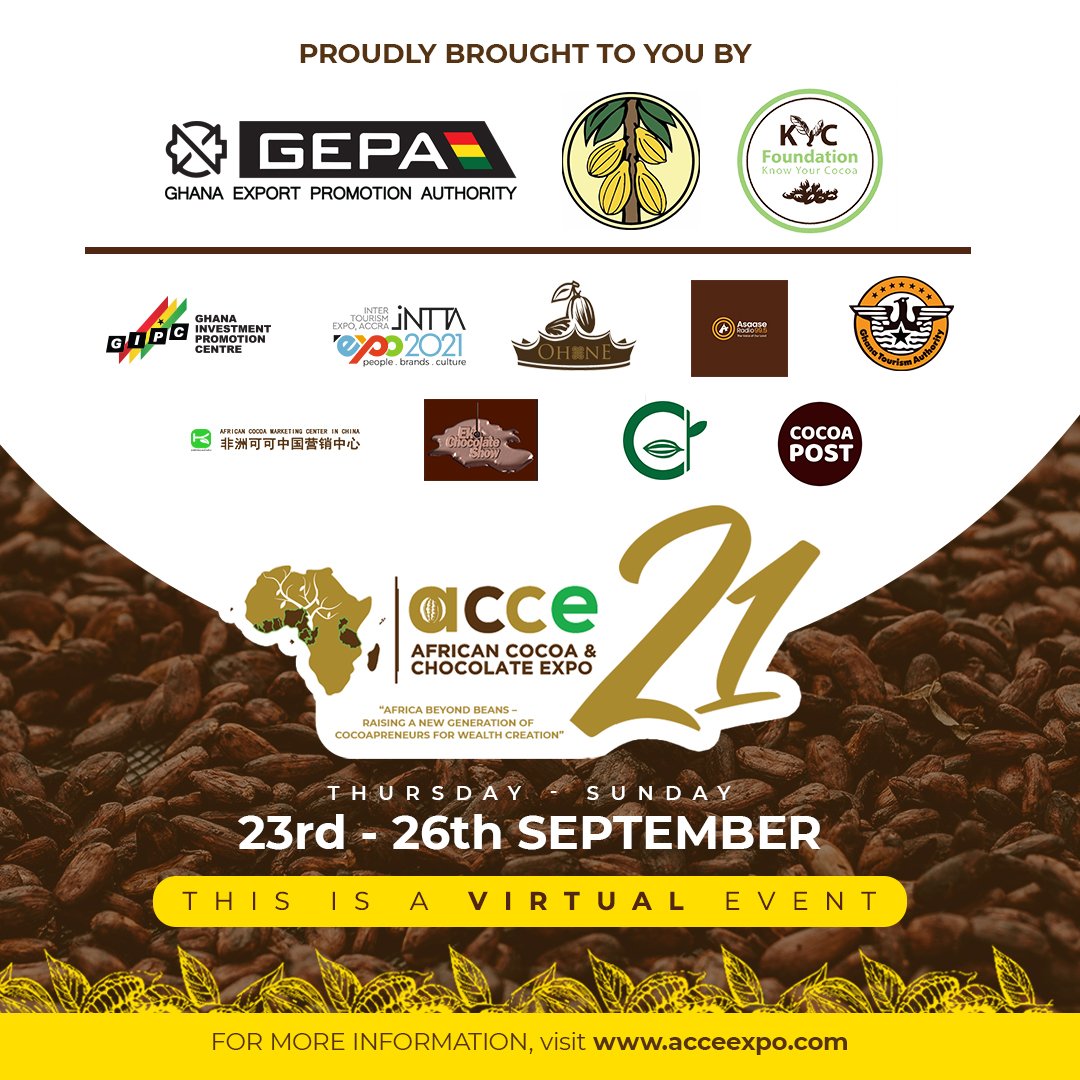 We are excited to announce our partners including our lead sponsor Ghana Export Promotion Authority. This year promises to be more engaging and enlightening. 
Join us online from 23rd - 26th September, 2021. 

#acce21 #cocoa #raisingcocoapreneurs #africabeyondbeans #africa #ghana