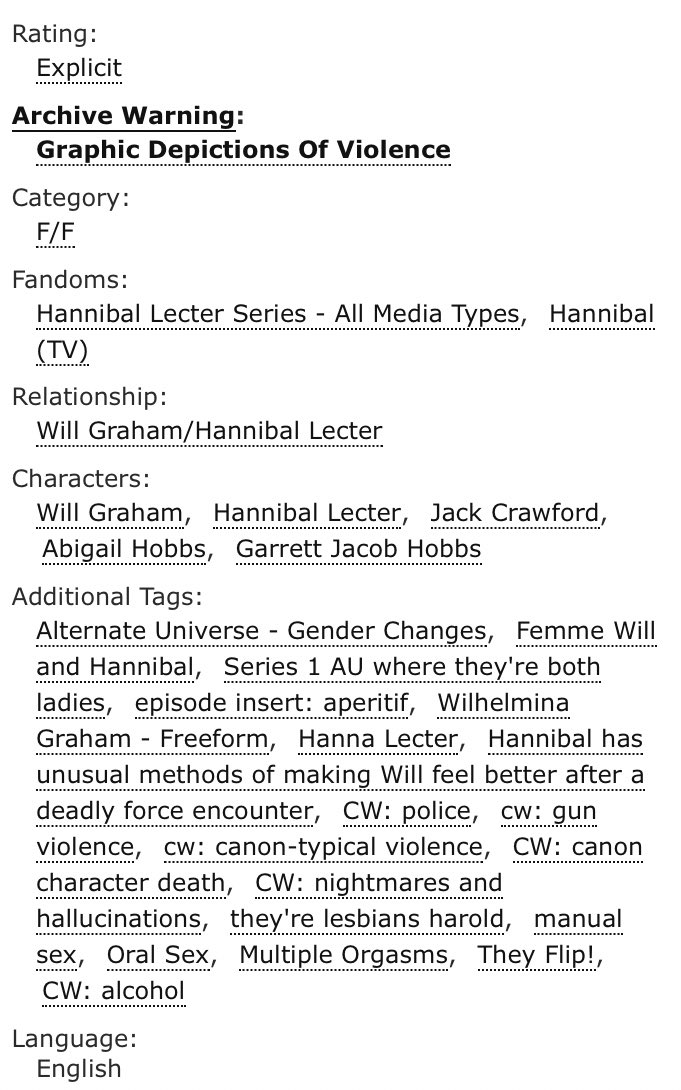 The first in our instalment of fics we meant to develop further but never did for whatever reason:

'petals for armor', explicit, a gender switch reimagining of 'Aperitif'. 

archiveofourown.org/works/33564445

#hannigram #hannibal #hannibalxwill