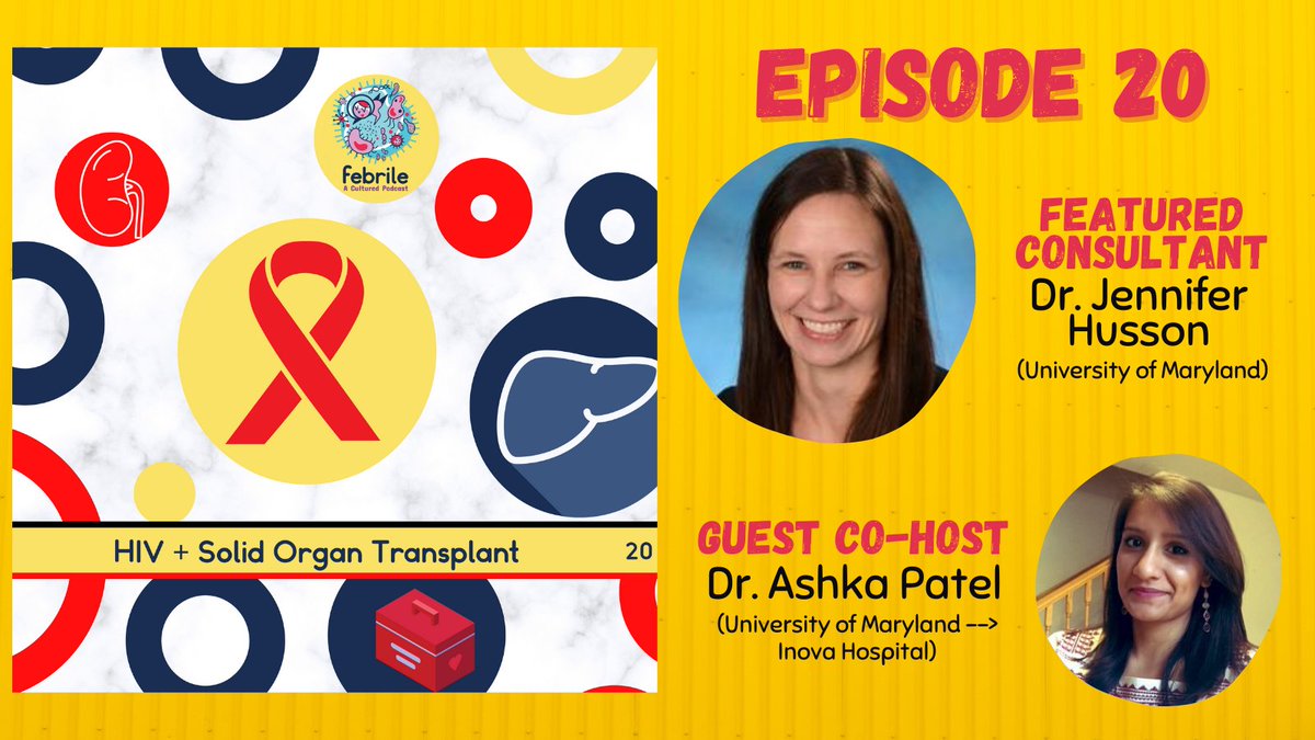 🚨🎙️New episode! Listen as <a href="/Ashka_TxID/">Ashka Patel, DO</a> &amp; Jennifer Husson discuss solid organ transplantation in HIV+ recipients!

👂Subscribe anywhere podcasts are found febrilepodcast.captivate.fm/listen

💜Share with friends!

#IDTwitter #IDMedEd #PedsID 
#TxID #TransplantTwitter
#IDfellows