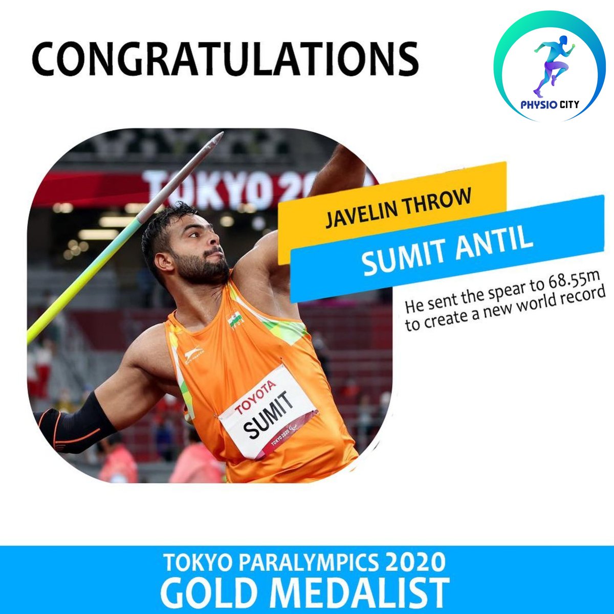 PHYSIOCITY1's tweet photo. Sumit Antil Won a gold in Javelin Thow after a world record throw of 68.55m.
Congratulations Sumit Antil

👉🏻Follow @physiocity1 to stay connected with Indian Sports 

#physiocity #javelinthrow #paralympics #goldmedalist #tokyo #sportsphysio #physiotherapy https://t.co/z5aNtlIenh