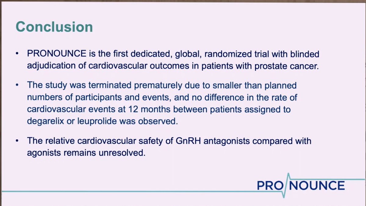 #ESCCongress #HOTLINE #PRONOUNCE Prostate Ca & CVD: Androgen deprivation Degarelix 🆚Leuprolide @RenatoDLopes1 @DukeHeartCenter 🫀GnRH agonists 🆚 GNRH antagonist-more favorable CV profile in CVD pt 🫀1o- MACE, ⬇️ recruitment, terminated early 🫀 NS difference in MACE by tx