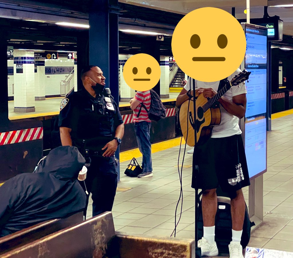 tonymelone's tweet photo. NYPD in Jay St subway this morning, interacting with public, not masked. Less than 50% of cops are vaccinated. #NYPDMaskWatch @placardabuse https://t.co/603weUOHqA