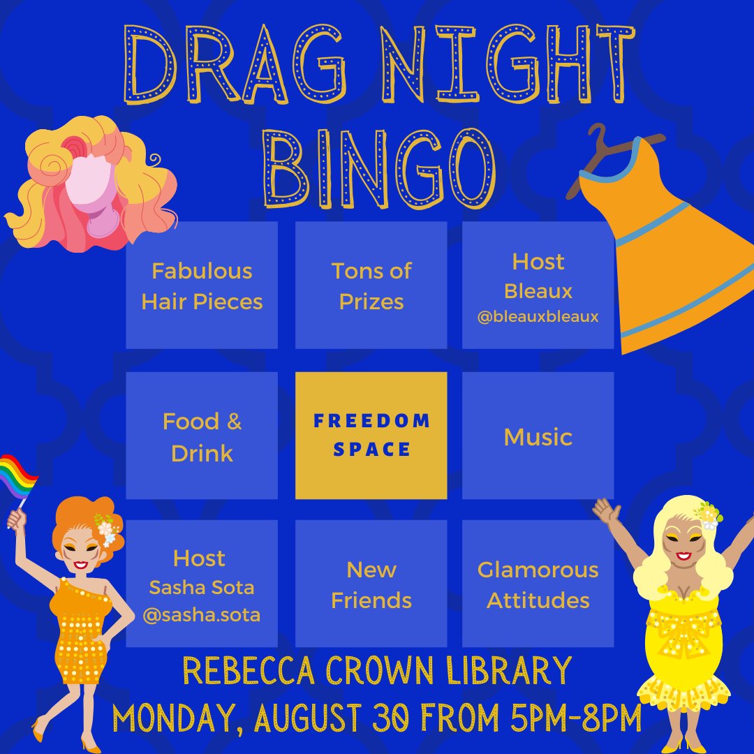 domlibrary's tweet photo. Start the semester out right and join us in the #RebeccaCrownLibrary TODAY for Drag Night Bingo! 🥳Lots of fun and prizes!!! Make sure to check the link in our bio so you don't miss out!#BackToSchool  #StudentLife #LibrariesofInstagram #LibraryKickOffWeek #DragNightBingo https://t.co/Niwa1lBrea