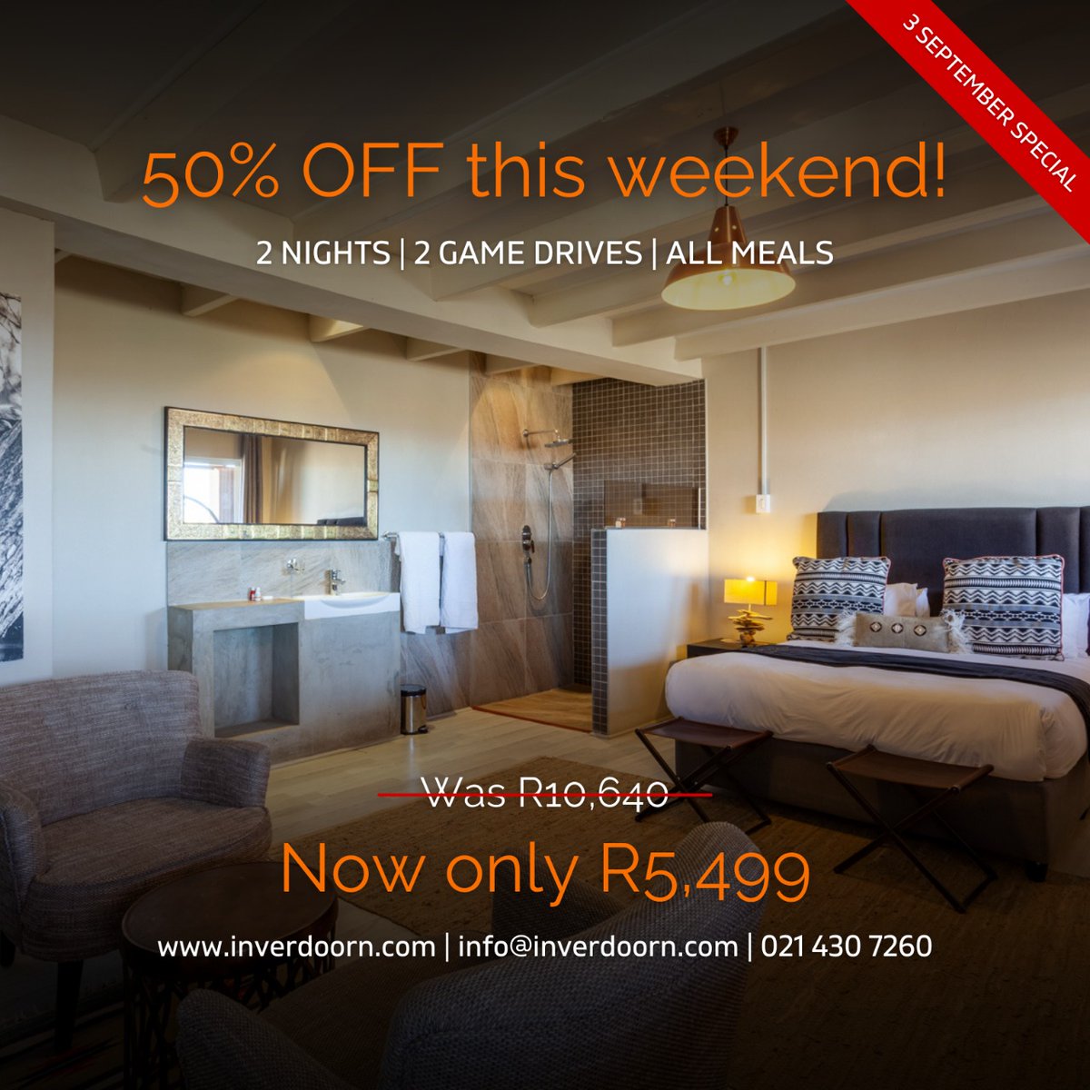To celebrate spring, <a href="/Inverdoorn/">Inverdoorn</a> is offering an additional 10% off all room types for 2 nights stay. 

To take advantage of this last minute sale, follow this link: inverdoorn.com/weekends/weeke…, select a room type &amp; make sure your choose 3 Sep as the check in date!