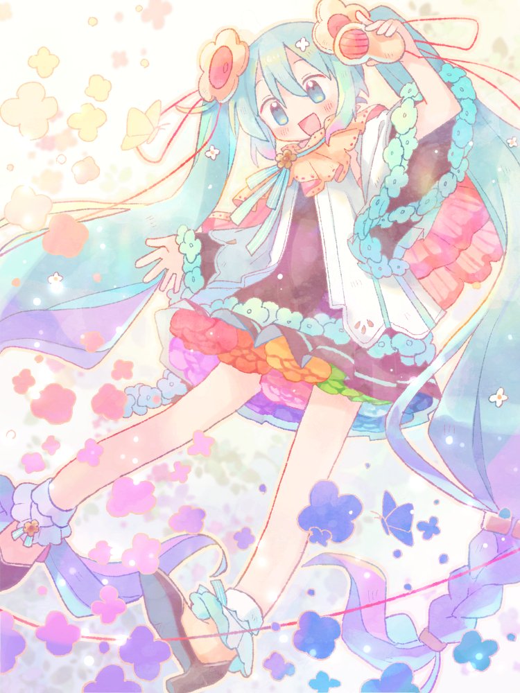 hatsune miku ,magical mirai miku 1girl flower solo hair ornament long hair hair flower orange flower  illustration images