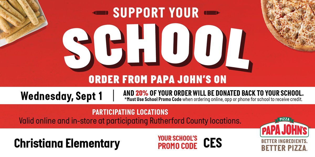 Hello Wildcat Families! Don't forget to mark your calendars for this Wednesday, September 1st for our monthly Pizza Night with Papa Johns! 
We greatly appreciate your support! 
GO WILDCATS!!
