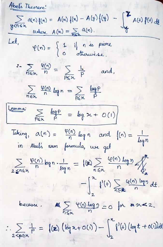 ArkaMehatari's tweet photo. @kaneenikasinha @PraphullaK I did the proof and got a more improved error term O(1/log x). Please check it. 🙂
I came across this identity and it's proof in TM Apostol's "Introduction to Analytic Number Theory". https://t.co/JOHdZmNCBM
