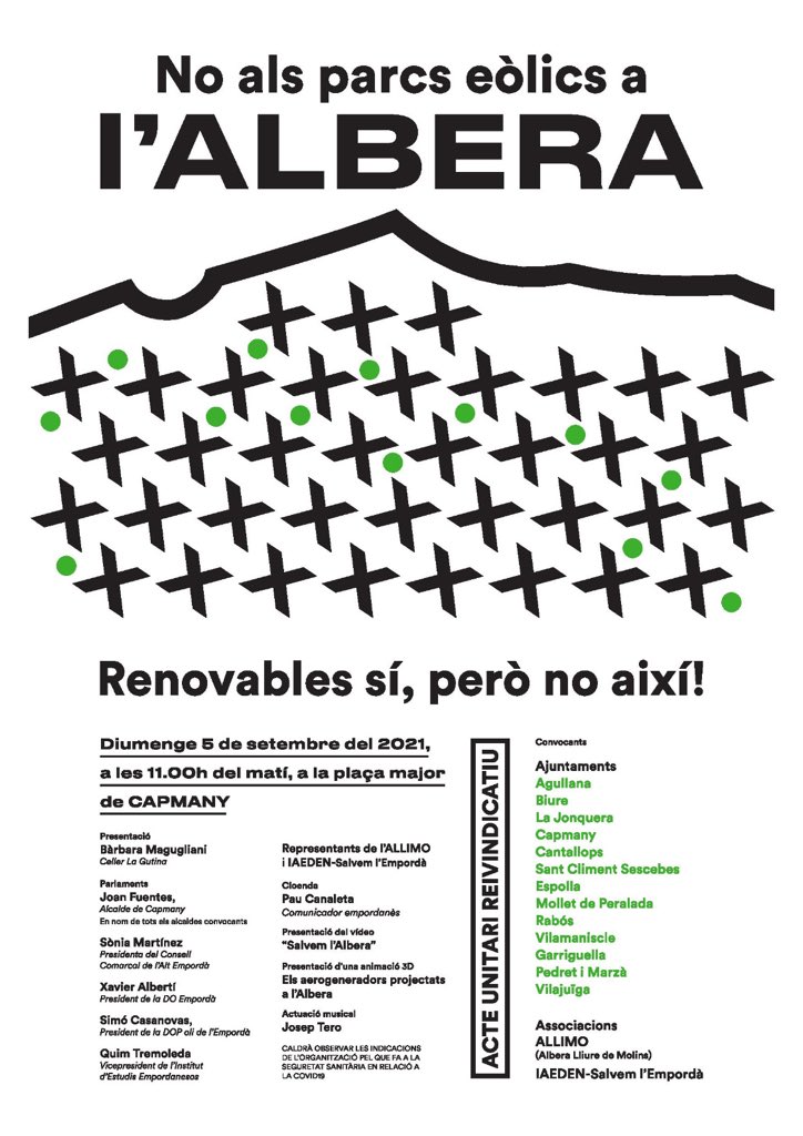 StClimentAjunt's tweet photo. L’ALBERA ES MOU TOTA CONTRA ELS PARCS EÒLICS!

Diumenge, 5 de setembre a les 11:00h, a la Plaça Major de CAPMANY.

Espai transversal per defensar la nostra Albera i reinvindicar que les renovables es repensin en profit de tothom, però sense agredir el territori.  Us hi esperem!! https://t.co/lR28cTgTwz