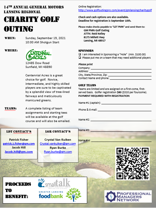 Attention golfers! ⛳️ Lansing Regional PMN will be hosting the 14th annual PMN Charity Golf Outing on September 19th! Proceeds will benefit the Greater Lansing Food Bank and Small Talk!! 

Register today eventregisterpro.com/event/gmlansin…
