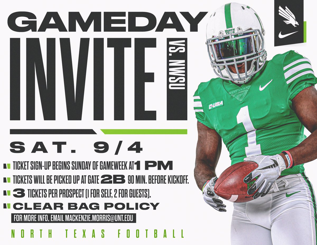 🗣️RECRUITS‼️

Come to Denton, TX and watch <a href="/MeanGreenFB/">UNT Football</a> in action this Saturday!

More info can be found at

untfbtickets.com