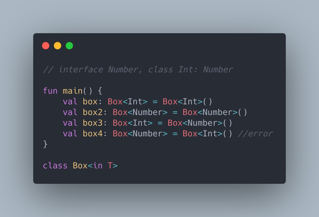 mertceyhan's tweet image. Kotlin generic types;

&amp;lt;T&amp;gt; = type and object definition should be the same class

&amp;lt;in T&amp;gt; = type definition should be same or subclass of object definition

&amp;lt;out T&amp;gt; = object definition should be the same or subclass of type definition

#Kotlin #KotlinTip #Android #AndroidDev