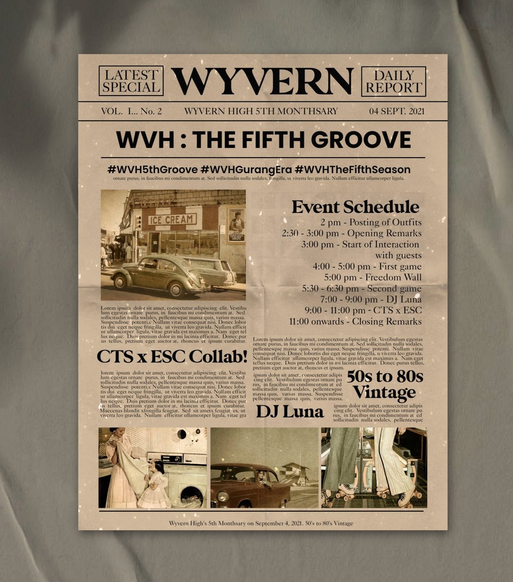 WVH_RPW's tweet photo. ⠀
A splendid evening, Warriors! Are you ready to have a blast as you relive the past? Well then, we are pleased to introduce to you, The Fifth Groove: a Wyvern High 5th Monthsary Special! Do refer to the picture for the fixed schedule.
⠀ https://t.co/ucTAJQ5eHq