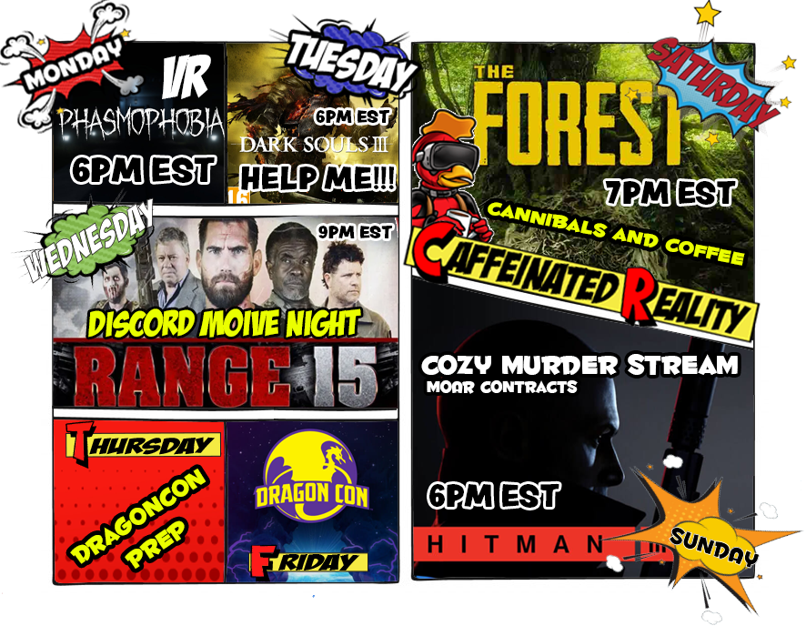ChickenMeChanga's tweet photo. Gonna be a busy week! Hold on to your feathers!
#VR #StreamerSchedule #twitch #Forest #hitman #Phasmo #Darksouls #movienight #mcroost #chickenmechanga https://t.co/zLcumCDDY7