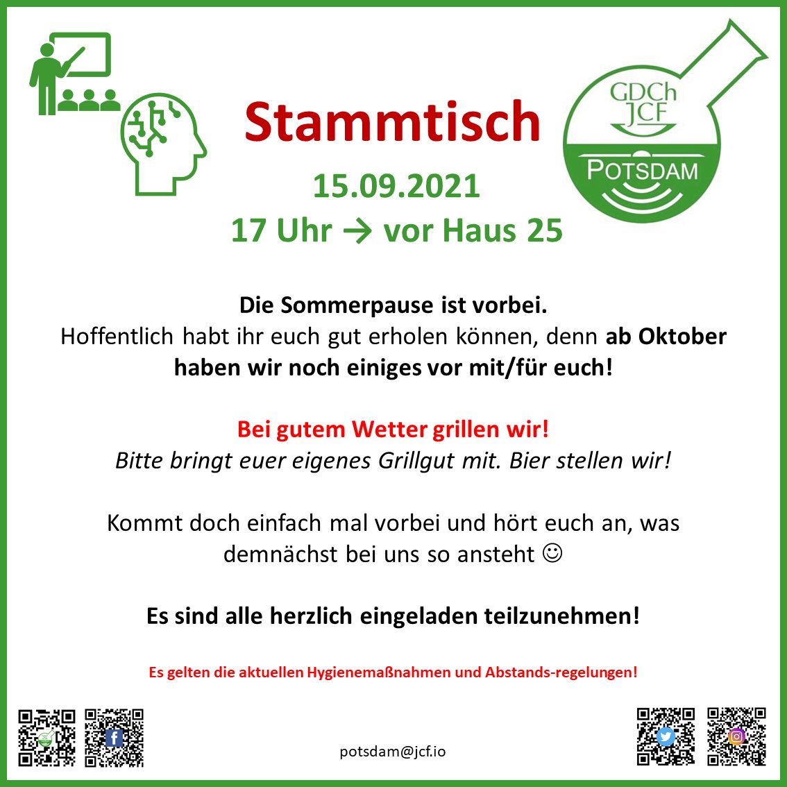 JCF_Potsdam's tweet photo. Hey guys, summerbreak is over! Let's start into the final spurt of the year. We have so many projects coming up until the academic christmas break begins. And we need every helping hand! Let's meet up on September 15 to chat &amp; plan and meet &amp; mingle! We are already excited! 💪🎉 https://t.co/fOsIa2M9GN