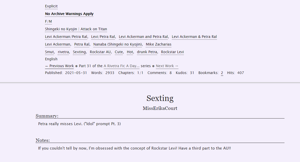 MissErikaCourt's tweet photo. #NSFWRivetraWeek2021 #RivetraWeek2021 Day 7: Online/Phone/Video Sex
Sexting (Rocsktar AU pt. 3)
Rating: Explicit
Words: 2,933
Chapters: One-Shot
Collection: Rivetra Week 2021, A Rivetra Fic A Day
Status: Completed
https://t.co/IvvDuUESfx
@RIVETRAFESS https://t.co/PanepPrJz1