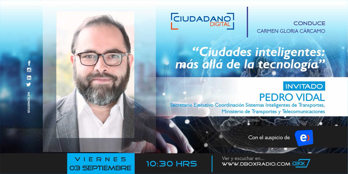 🧍‍♀️📱📡🧍‍♂️Este viernes, en un nuevo programa, 𝗖𝗶𝘂𝗱𝗮𝗱𝗮𝗻𝗼 𝗗𝗶𝗴𝗶𝘁𝗮𝗹 conversaremos 
con 𝗣𝗲𝗱𝗿𝗼 𝗩𝗶𝗱𝗮l
💁‍♀️Conduce 𝗖𝗮𝗿𝗺𝗲𝗻 𝗚𝗹𝗼𝗿𝗶𝗮 𝗖á𝗿𝗰𝗮𝗺𝗼
#ciudadano #entel #redes #tecnologia #telecomunicacion #digital #transporte #telecomunicaciones #ciudades
<a href="/entel/">Entel Chile</a>