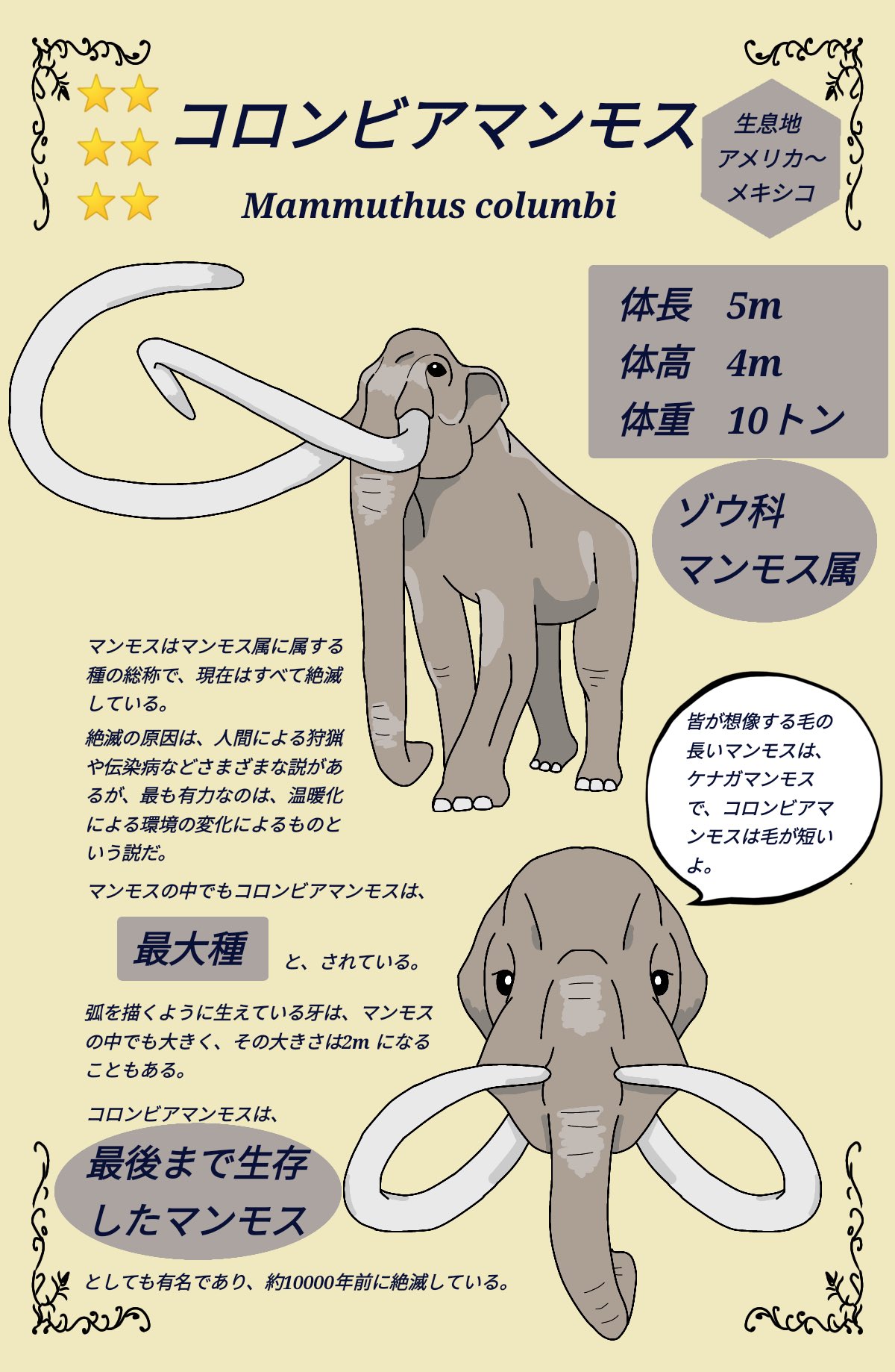 りんどー コロンビアマンモスです マンモスはゾウの祖先だと勘違いされがちですが 実際は近縁種で直接の祖先ではありません また マンモスは絶滅種であり 未だ分かっていないことも多く 僕の記事が全て正しいとは言い切れません ご了承