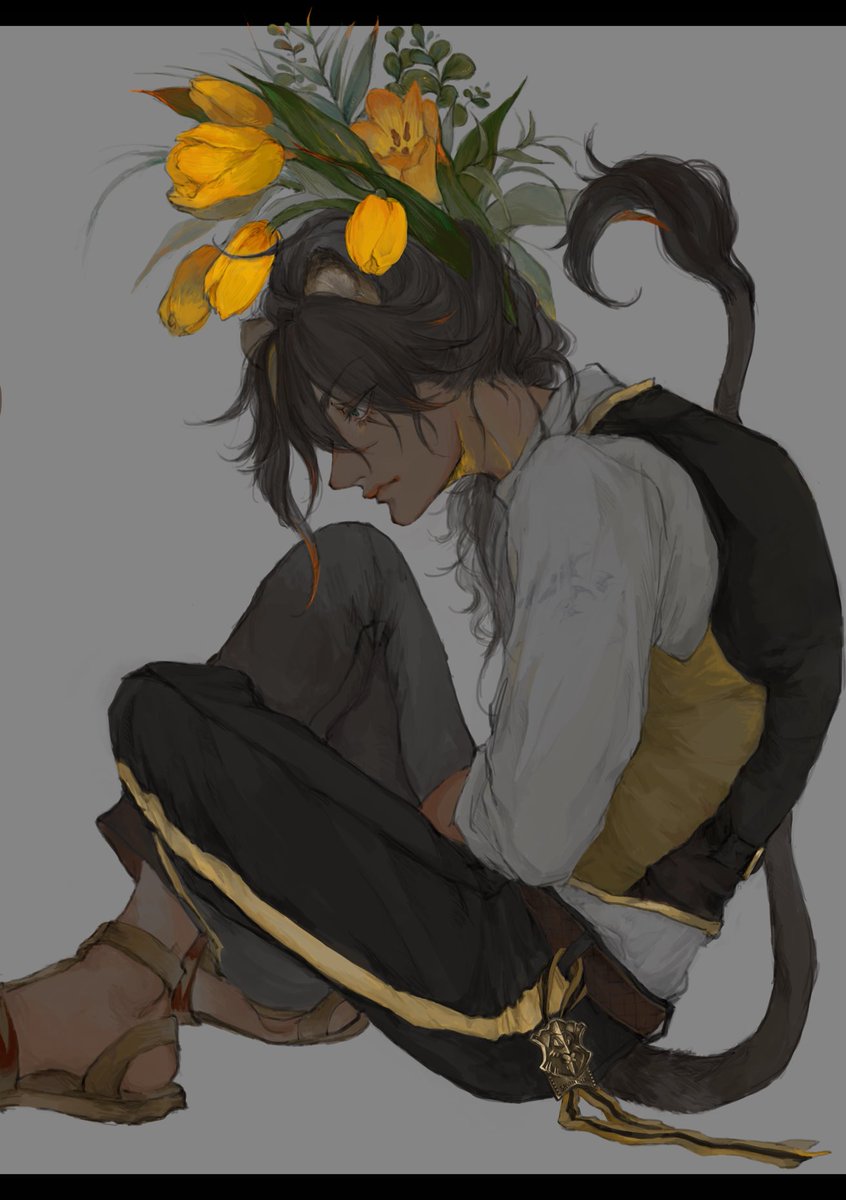 1boy animal ears tail flower male focus yellow flower solo  illustration images