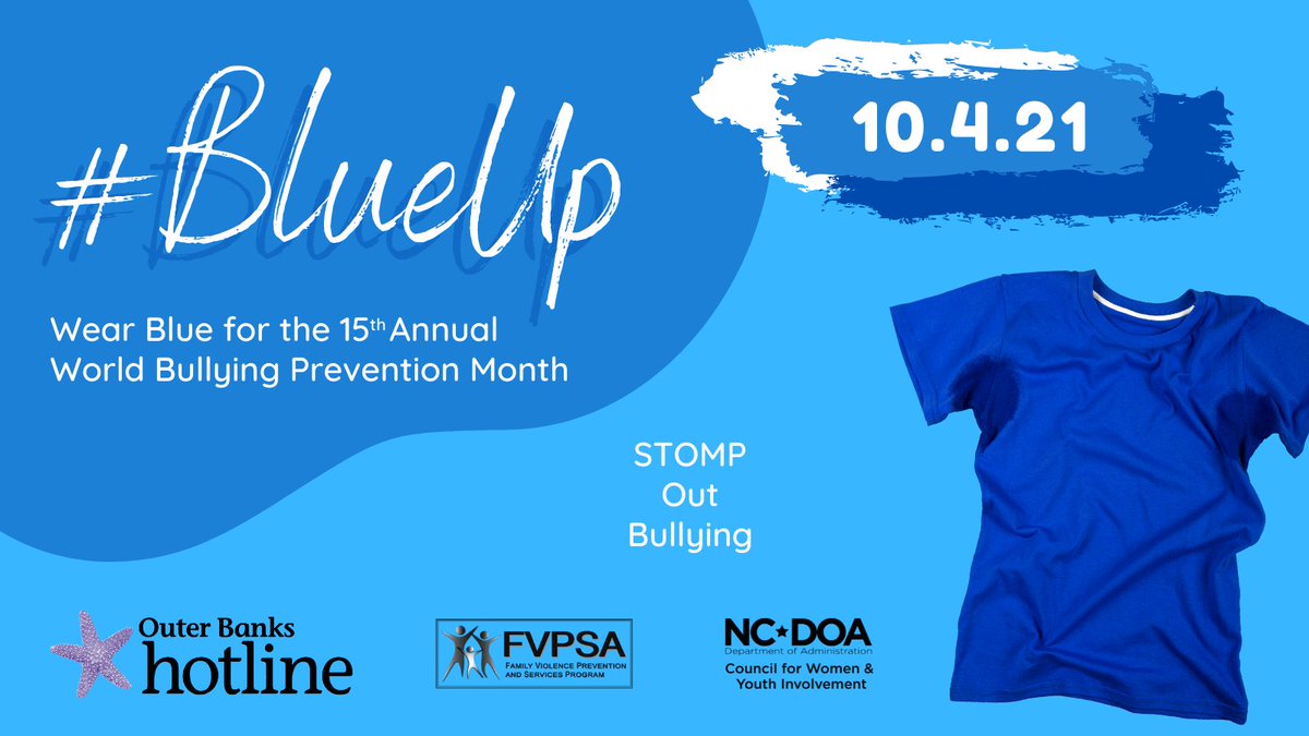 obhotline's tweet photo. Join us &amp; wear blue on October 4th for the 15th Annual World Bullying Prevention Month. Let's #BlueUp together against bullying!💙👕🧥👖🧢💙

#BullyingPreventionMonth #BullyingAwareness #BlueUp2021 #StompOutBullying #obhotline https://t.co/dfveivf6YL