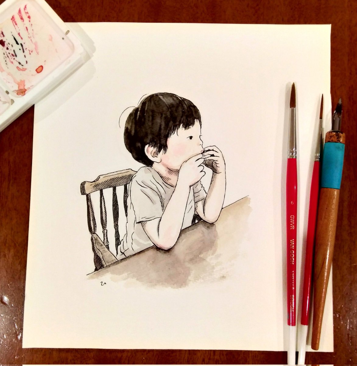 肘をつく息子 つけペンに水彩 ひうち棚のイラスト