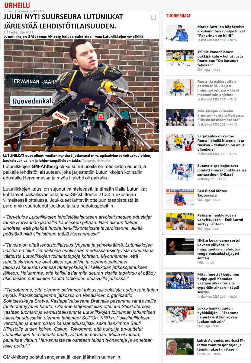 TIEDOTE:

Lutunilkkojen hallitus ei ole ollut tietoinen tai hyväksynyt tätä lehdistötilasuutta. Hallitus kiistää kaiken, mitä GM-Ahlbergin sanoi. Painimme edelleen talousvaikeuksissa ja emme ole lahjoneet ketään.

TIEDOTE PÄÄTTYY.

- Johtokunta

<a href="/NHLGamerCOM/">NHLGamer</a> 
<a href="/StickLifters/">Sticklifters</a>