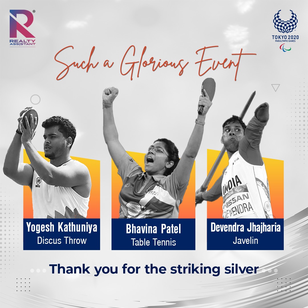 RealtyAssistan's tweet photo. A remarkable and inspiring achievement by #BhavinaPatel, #YogeshKathuniya, and #DevendraJhajharia. Thank you for winning the historic silver for India at #TokyoParalympics.
#Tokyo2020 #Paralympics #Cheer4India #Praise4Para #UnstoppableIndians #RealtyAssistant #RA https://t.co/S5Re17VPZ0