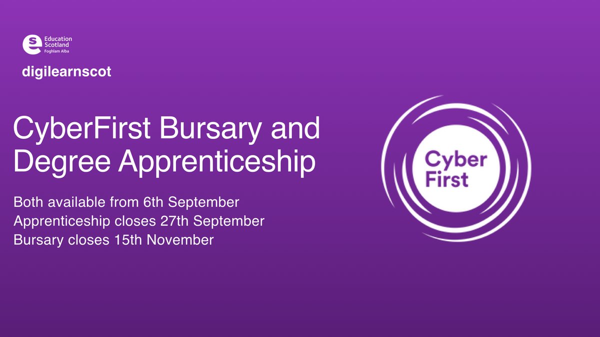 DigiLearnScot's tweet image. DO YOU WORK WITH YOUNG PEOPLE INTERESTED IN A CAREER IN CYBER?

The #CyberFirst bursary and degree apprenticeship are open to registration from today!

Find out more here:
cyberfirstcareers.co.uk

@CyberResScot @Scott_Hunter19  @ESskills