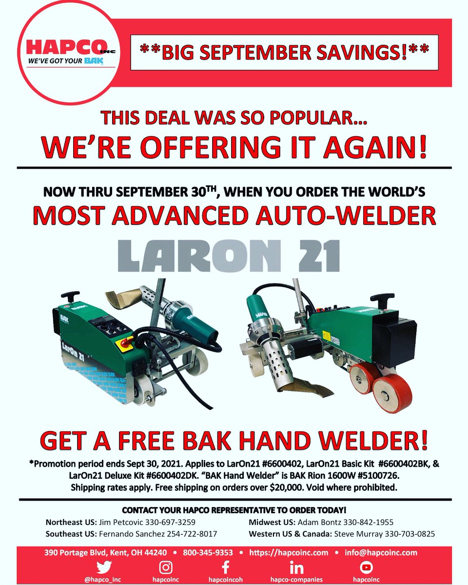 HAPCO Inc. - We’ve Got Your BAK! (@hapco_inc) on Twitter photo What do you do when you have a great response to a promotion? RUN IT AGAIN!
Now thru Sept 30th: Buy a LarOn 21, get a FREE RiOn hand welder!
<a href="/gafroofing/">GAF Roofing</a> @FirestoneBPCo <a href="/VersicoRoofing/">Versico</a> <a href="/JohnsManville/">Johns Manville</a> <a href="/durolast/">Duro-Last, Inc.</a> @GenFlex <a href="/CarlisleSynTec/">Carlisle SynTec Systems</a> #roofingtools #tporoofs #pvcroofs What do you do when you have a great response to a promotion? RUN IT AGAIN!
Now thru Sept 30th: Buy a LarOn 21, get a FREE RiOn hand welder!
<a href="/gafroofing/">GAF Roofing</a> @FirestoneBPCo <a href="/VersicoRoofing/">Versico</a> <a href="/JohnsManville/">Johns Manville</a> <a href="/durolast/">Duro-Last, Inc.</a> @GenFlex <a href="/CarlisleSynTec/">Carlisle SynTec Systems</a> #roofingtools #tporoofs #pvcroofs