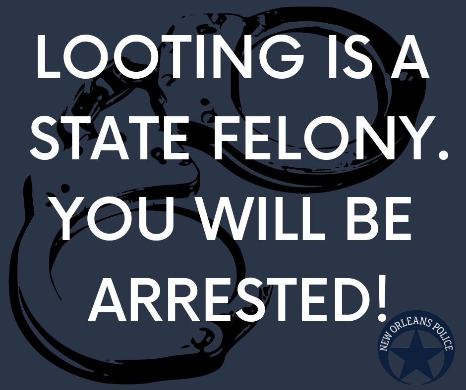 #NOPD has deployed anti-looting teams across the city in order to protect our citizens' property as we continue the recovery process.  Looting will NOT be tolerated and encourage everyone to be good neighbors and say something when you see something.