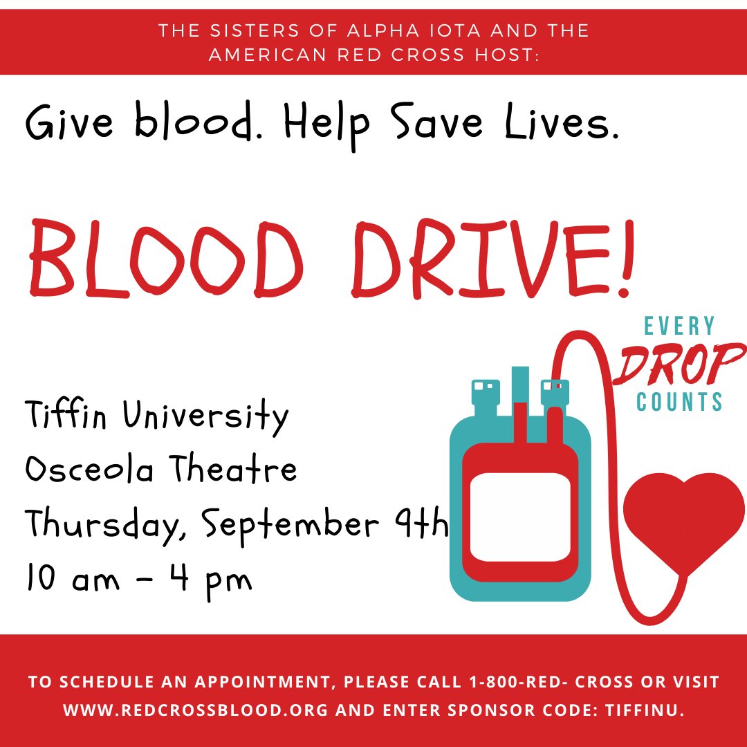 The Sisters of Alpha Iota <a href="/AlphaIota2/">Alpha Iota</a> will be hosting the American Red Cross on campus for a Blood Drive on Thursday, September 9th in Osceola Theatre from 10 am until 4 pm. Check the flyer for more details.