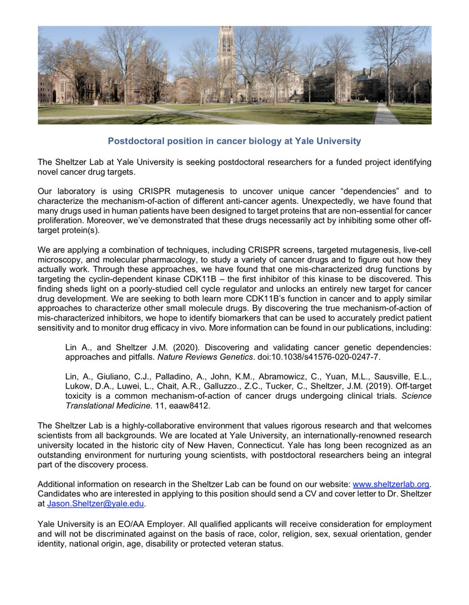 The Sheltzer Lab at <a href="/Yale/">Yale University</a> is hiring postdocs for multiple funded positions! Interested in cutting-edge genomics research into cancer drug targeting, chromosomal instability, tumor evolution, and more? Feel free to shoot me an email. Please RT!