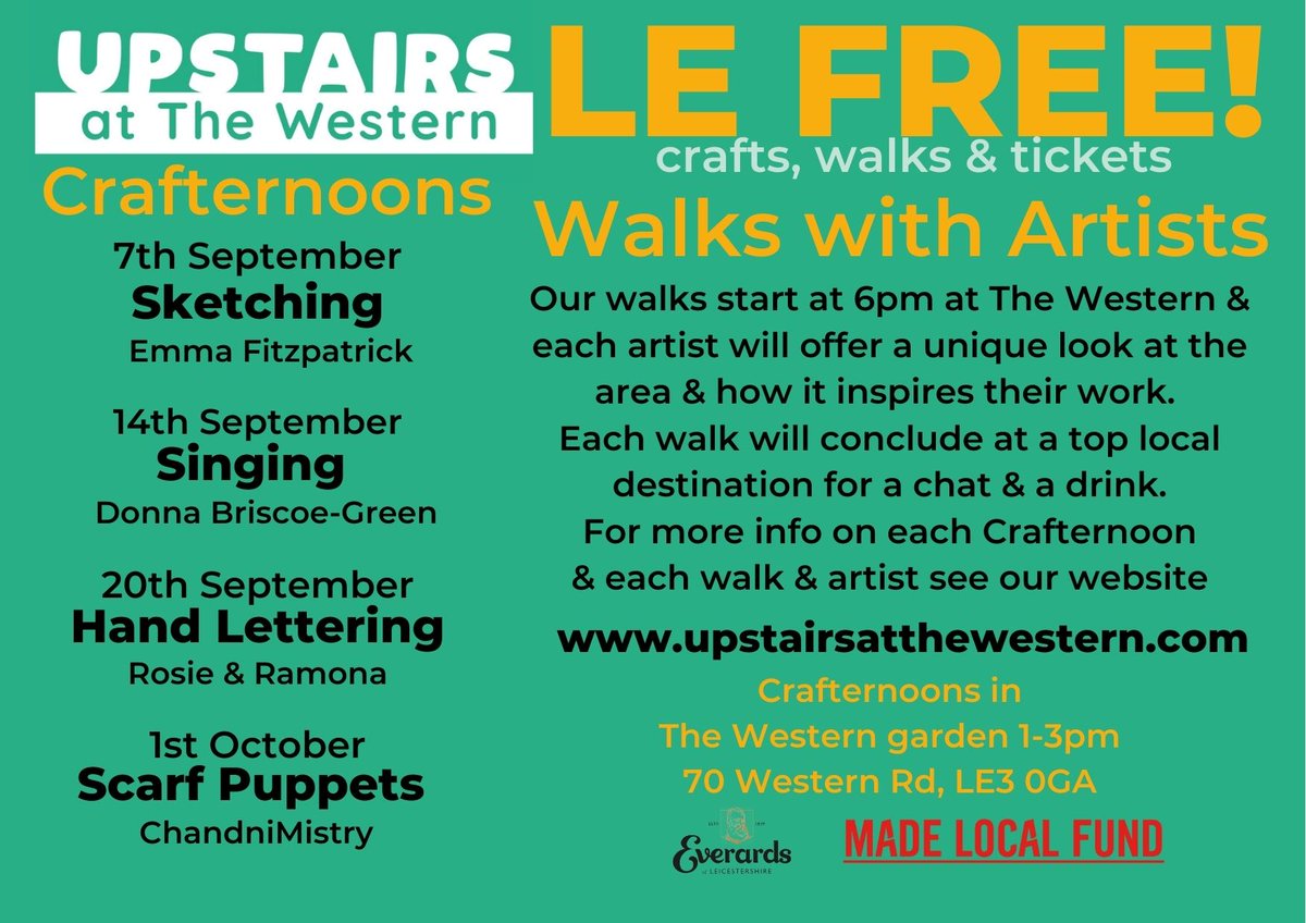 UpstairsWestern's tweet photo. 📣📣📣Event Announcement!!!📣📣📣
Happy Bank Holiday! Whilst you’ve been relaxing we’ve  been adding loads of new #LEFREE events to our website.

We know you’re going to want to have a look and get booking for Crafternoons, Art Walks &amp;  our fantastic Autumn season of shows. https://t.co/UH3OcCHaDT