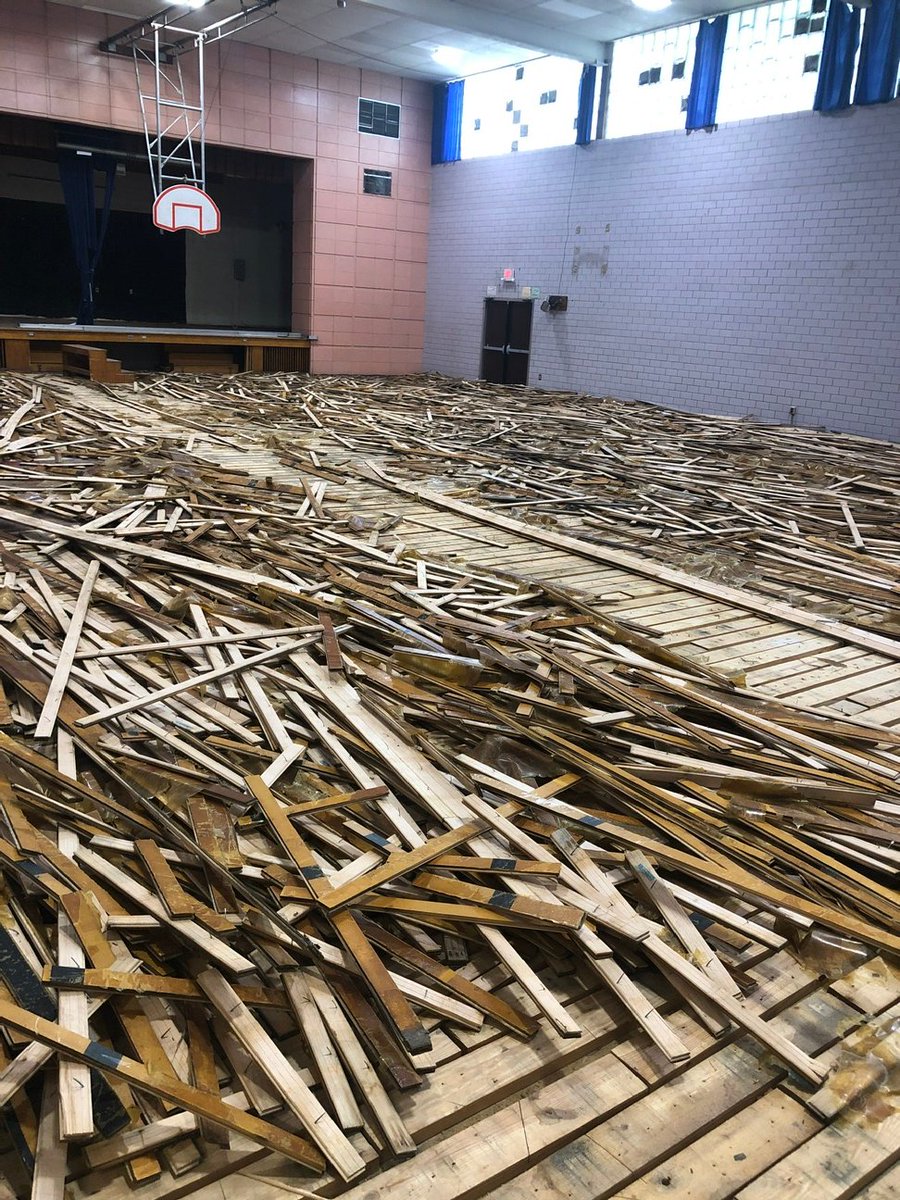 📢Officially underway at MAGNET's new headquarters in the former Margaret Ireland School. Check out the gymnasium floor that is being salvaged and repurposed as millwork features throughout the building!