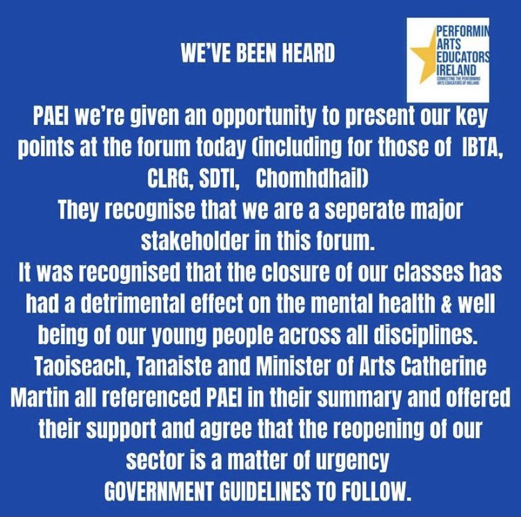 Take2PAS's tweet photo. As chairperson of the @PaeiOf it was a privilege to present to An Taoiseach Tànaiste &amp; Minister Martin at today’s forum. 
It was recognised that closure of our classes has had a detrimental effect on mental health &amp; well being of students. 
We have been heard! https://t.co/1z3f4pUFU1