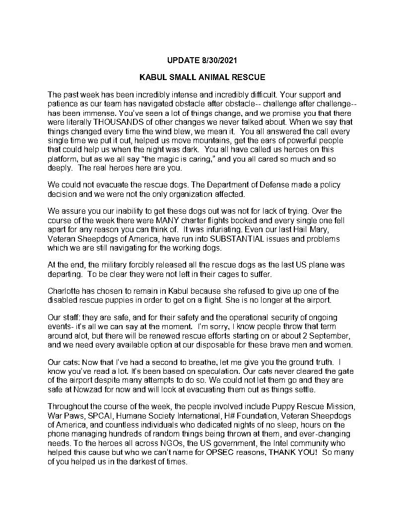 I deleted my previous tweet that Kabul Small Animal Rescue had their dogs released by the U.S. military out of respect bc it was an emotional response to a rumor at that point. I hate it when rumors turn out to be true. 😭 Heartbroken &amp; ashamed <a href="/POTUS/">President Donald J. Trump</a> #KabulSmallAnimalRescue