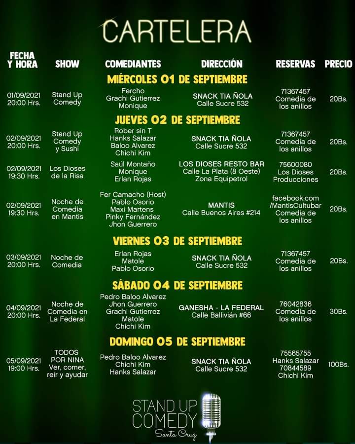 StandSanta's tweet image. La cartelera de #standupcomedy en Santa Cruz de la Sierra para esta semana: