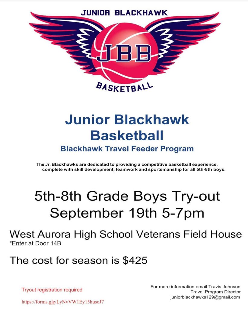 Calling all 5th to 8th grade boys 🗣 TRYOUTS FOR JUNIOR BLACKHAWK BASKETBALL SEPTEMBER 19th!!!

forms.gle/LyNvVW1Ey15hus…
