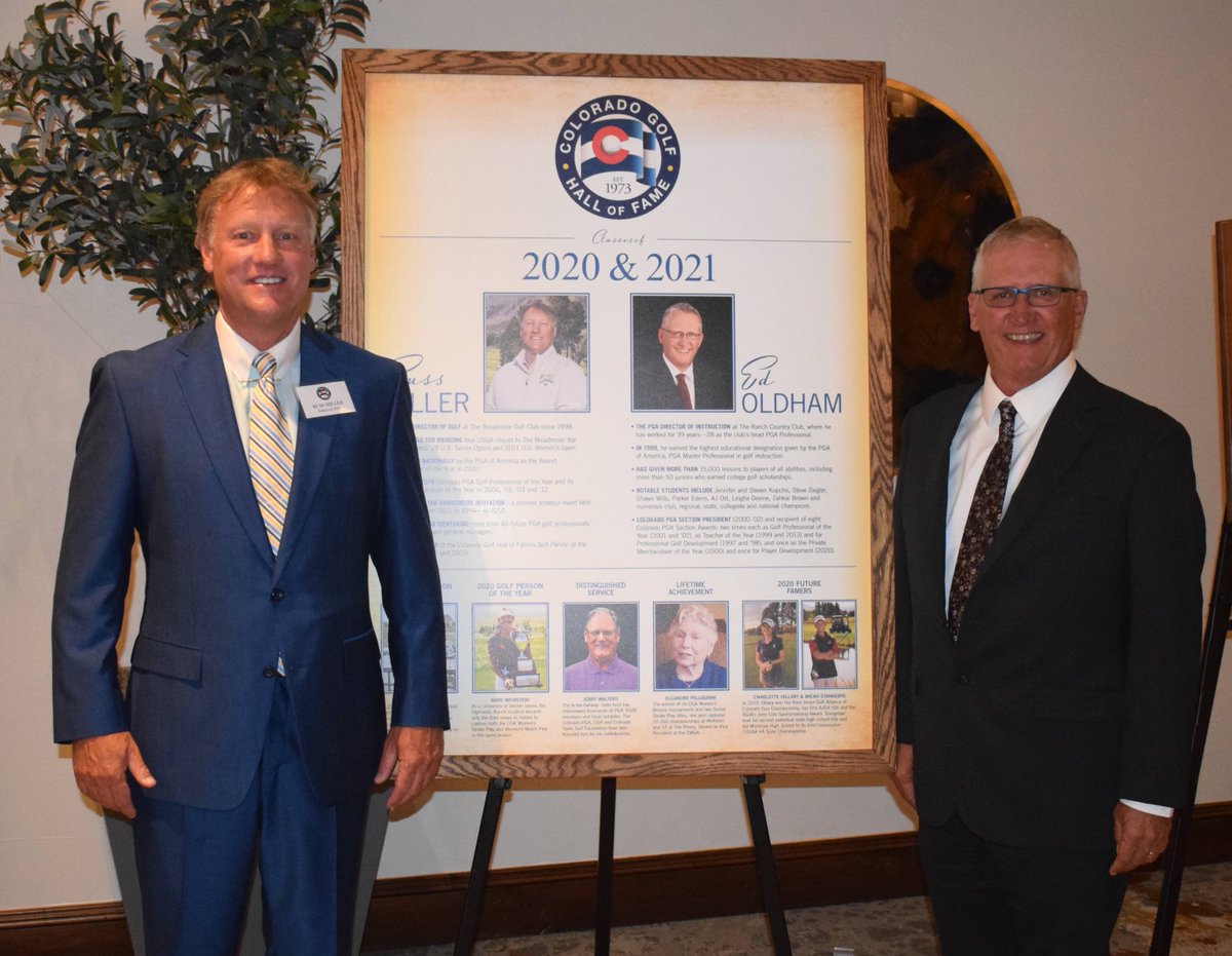 ColoGolf's tweet photo. It was a long time coming, but Russ Miller and Ed Oldham officially inducted into Colorado Golf Hall of Fame; nearly 200 attend induction and awards dinner at Colorado Golf Club. https://t.co/Aul66VXisQ @TheBroadmoor @theranchcc @ColoradoGC @COGolfHOF @edoldhamgolf https://t.co/am4ukGA1Kg