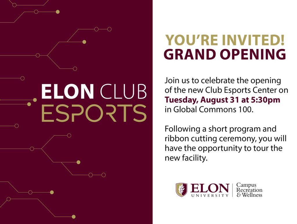 If you're reading this, you're invited to the GRAND OPENING of our brand new esports room (rumor has it there will be special appearances from <a href="/ElonConnieBook/">Connie L. Book</a> and <a href="/jondooley/">Jondooley</a>). 

All the information for the event can be found in the image below. See you all there!