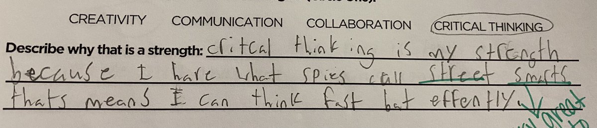5th grader: “Critical thinking is my strength because I have what spies call ‘street smarts’” Dropping truth bombs in GATES today!