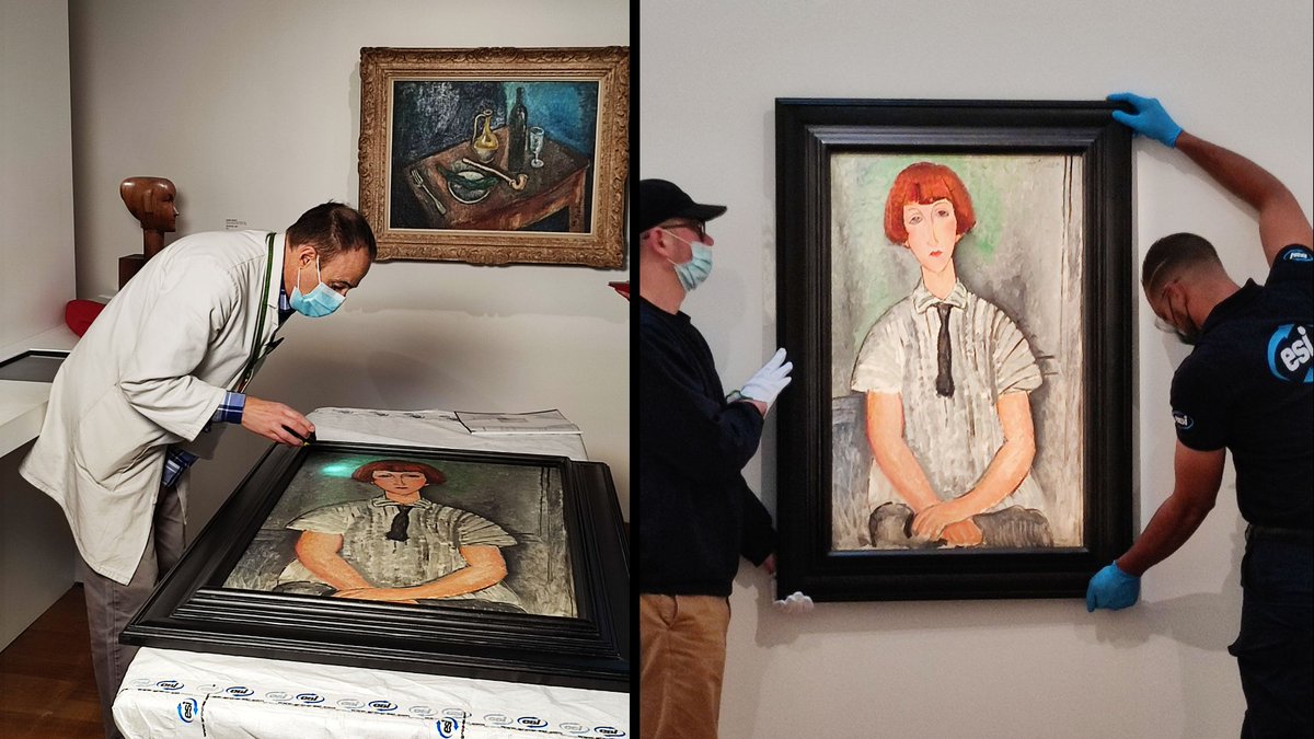 #JourdeFermeture
Il y a du nouveau dans la section #Modigliani de l’exposition "Paris pour école" : bienvenue à la "Jeune fille à la chemise rayée", qui remplace "La chevelure noire" ! 
📷 Amadeo Modigliani, "Jeune fille à la chemise rayée", 1917 ; collection David et Ezra Nahmad