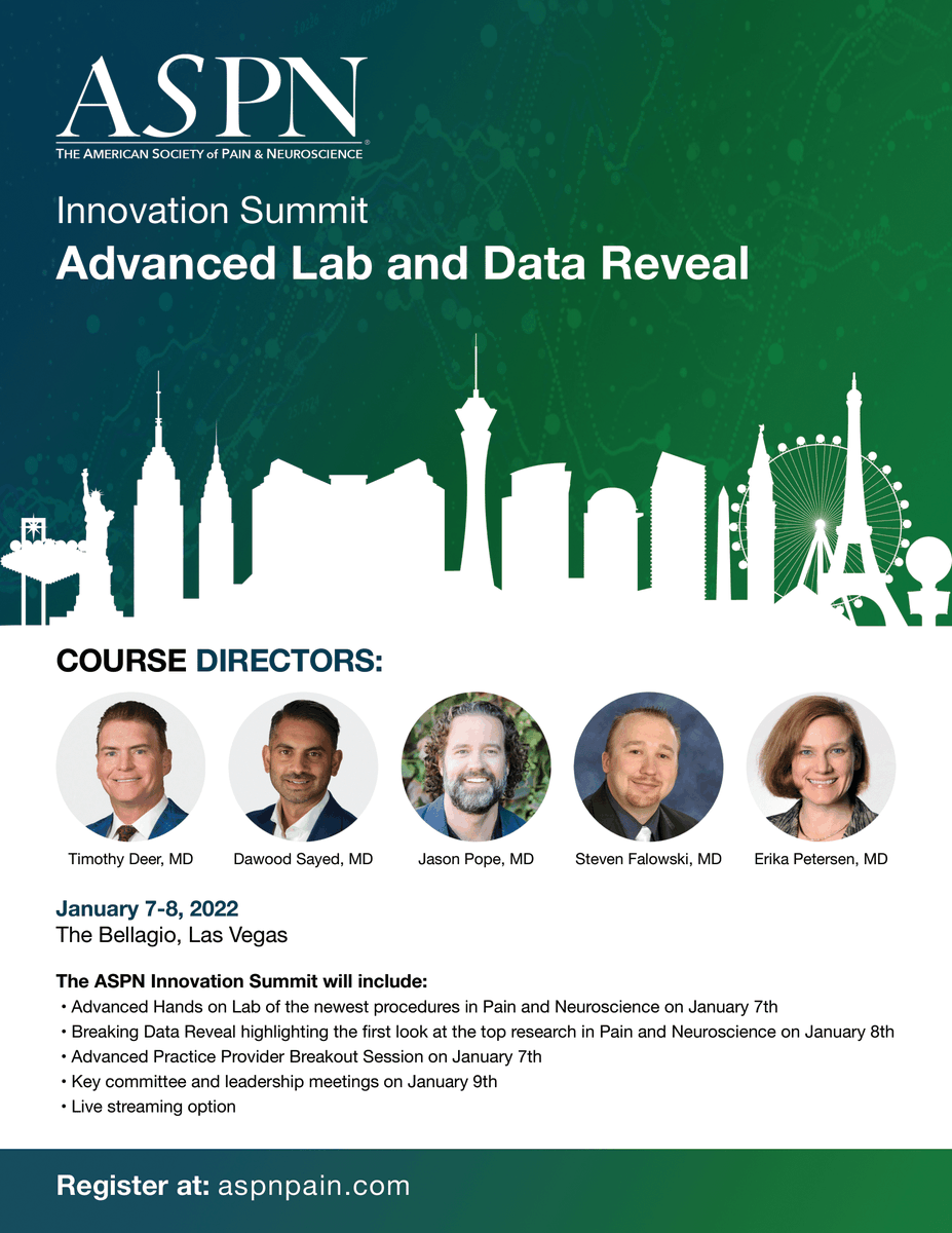 ASPN_PainNeuro's tweet photo. #ASPN Innovation Summit: January 7-9, 2022
- Advanced Hands on Lab
- Breaking Data Reveal
- Advanced Practice Provider Breakout Session
- Key committee and leadership meetings
Register now!
https://t.co/R7UbAVvxDC
#medtwitter #paineducation https://t.co/QbMync2Odw