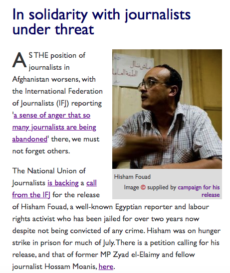 NUJ_LFB's tweet photo. The NUJ is backing a call from @IFJGlobal for the release of Hisham Fouad, a well-known Egyptian reporter &amp; labour rights activist who has been jailed for 2+ years now despite not being convicted of any crime.

Sign the petition: https://t.co/a2rvAL8vYd #journalismisnotacrime https://t.co/eqAQu5R8fE